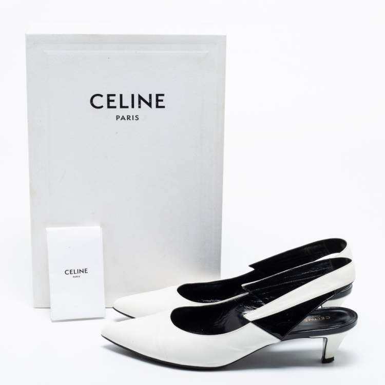 Pre Owned Celine White/Black Patent and Leather Sharp Slingback Pumps Size 39
