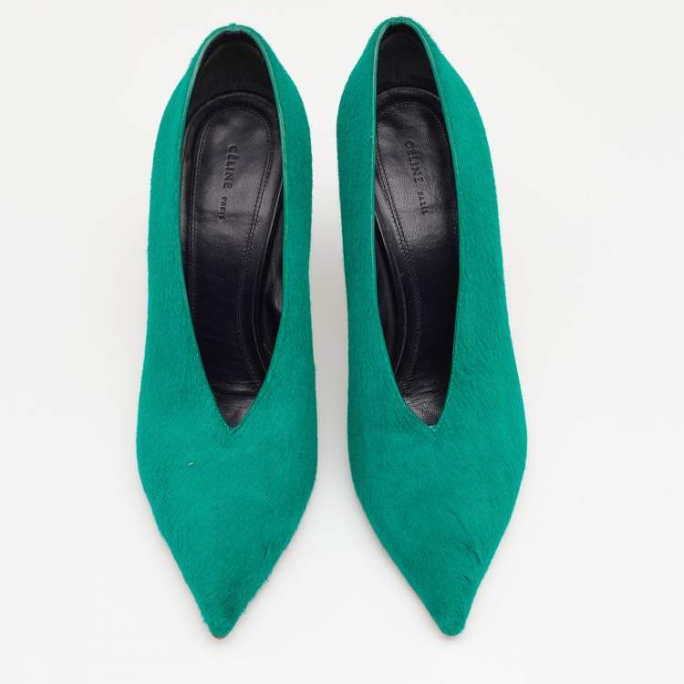 Pre Owned Celine Green Calf Hair V Neck Pointed Toe Pumps Size 37