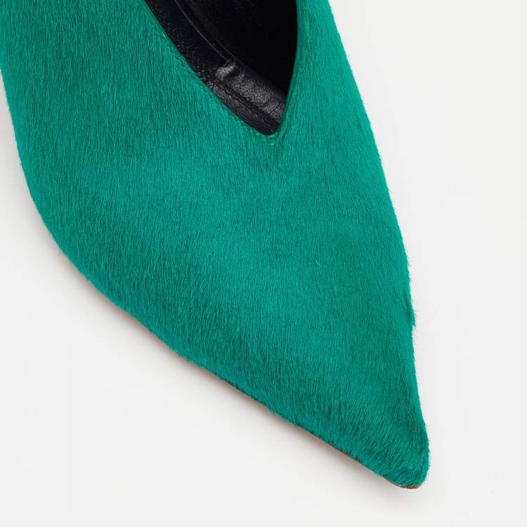 Pre Owned Celine Green Calf Hair V Neck Pointed Toe Pumps Size 37