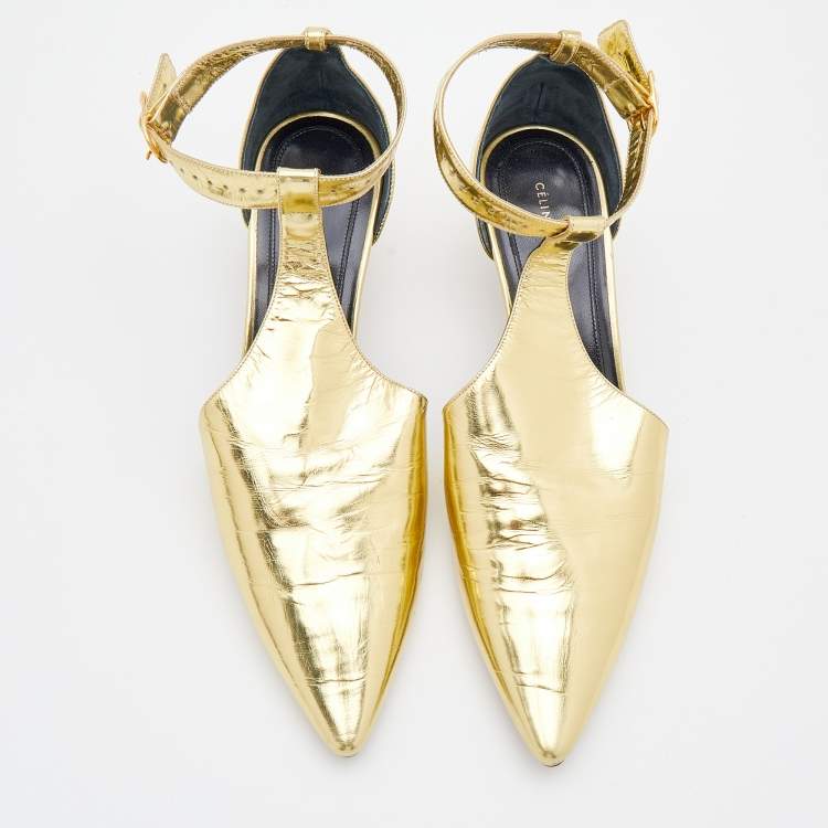 Pre Owned Celine Metallic Gold Leather Pointed Toe T-Strap Sandals Size 37.5 