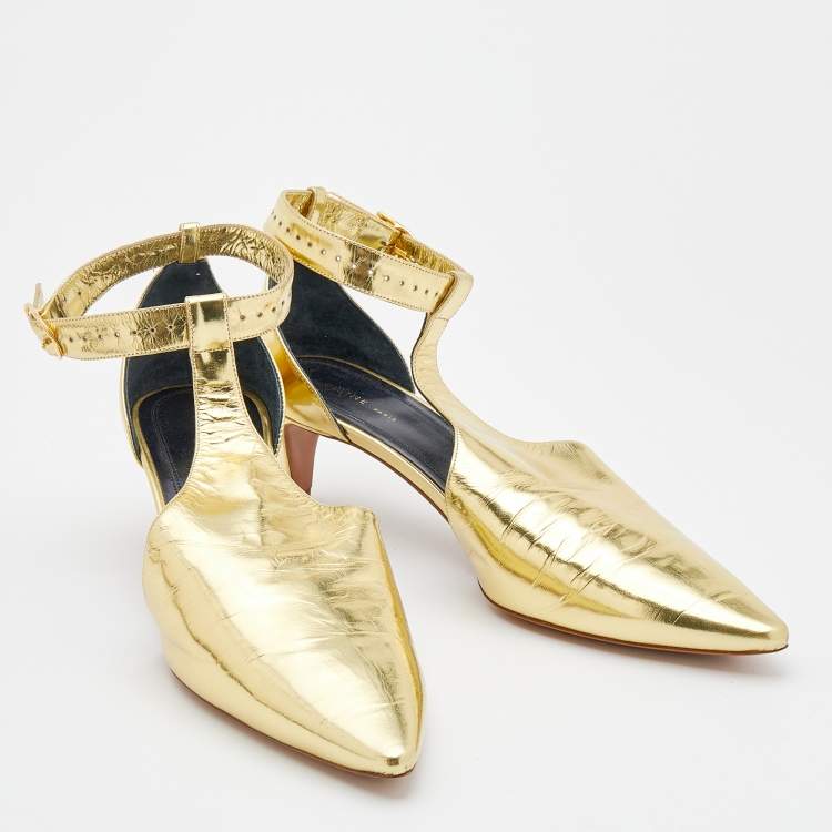 Pre Owned Celine Metallic Gold Leather Pointed Toe T-Strap Sandals Size 37.5 