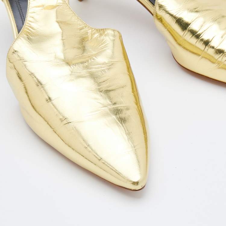 Pre Owned Celine Metallic Gold Leather Pointed Toe T-Strap Sandals Size 37.5 