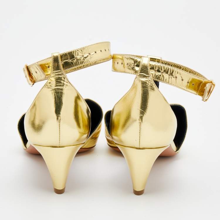 Pre Owned Celine Metallic Gold Leather Pointed Toe T-Strap Sandals Size 37.5 