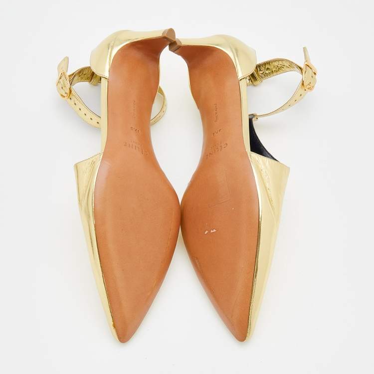 Pre Owned Celine Metallic Gold Leather Pointed Toe T-Strap Sandals Size 37.5 