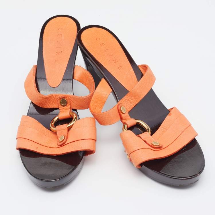 Pre Owned Celine Orange Leather Studded Platform Slide Sandals Size 41