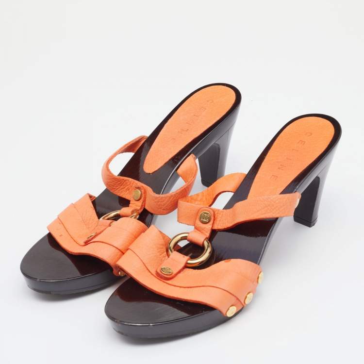 Pre Owned Celine Orange Leather Studded Platform Slide Sandals Size 41