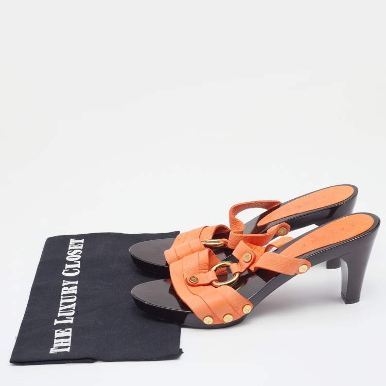 Pre Owned Celine Orange Leather Studded Platform Slide Sandals Size 41
