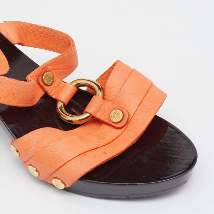 Pre Owned Celine Orange Leather Studded Platform Slide Sandals Size 41
