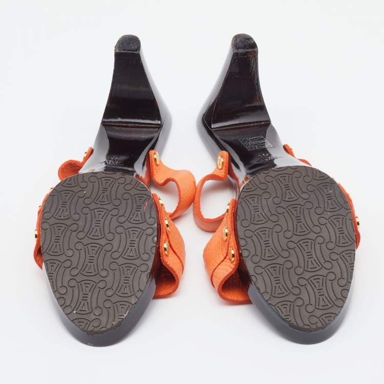 Pre Owned Celine Orange Leather Studded Platform Slide Sandals Size 41
