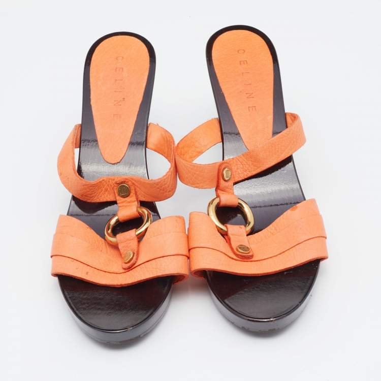 Pre Owned Celine Orange Leather Studded Platform Slide Sandals Size 41