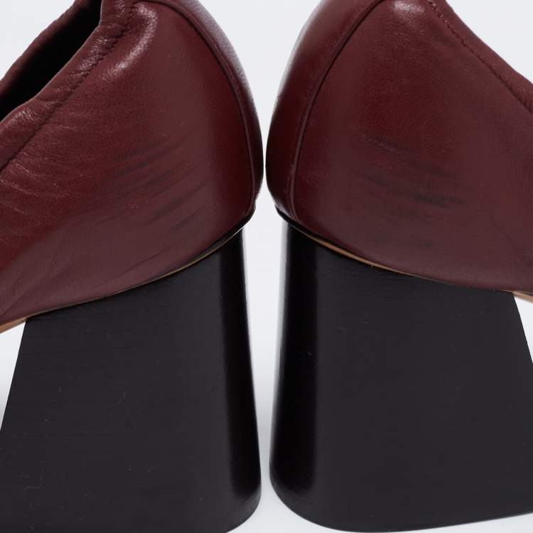 Pre Owned Celine Burgundy Leather Scrunch Block Heel Pumps Size 38