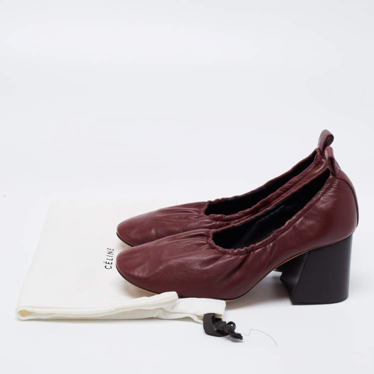 Pre Owned Celine Burgundy Leather Scrunch Block Heel Pumps Size 38