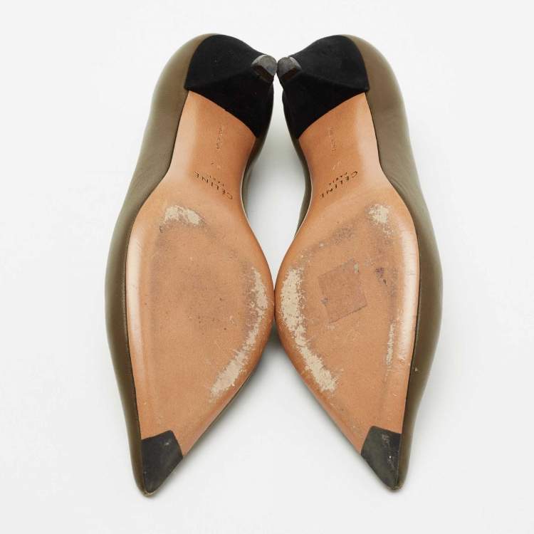 Pre Owned Celine Olive Green Leather V-Neck Pumps Size 37