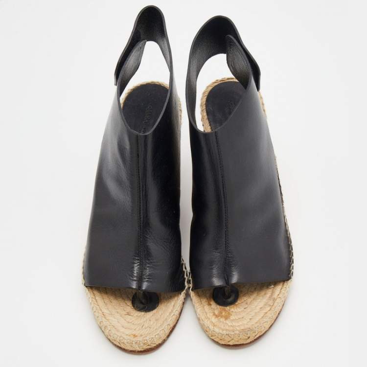 Pre Owned Celine Black Leather Open Toe Espadrilles Wedge Sandals Size 39