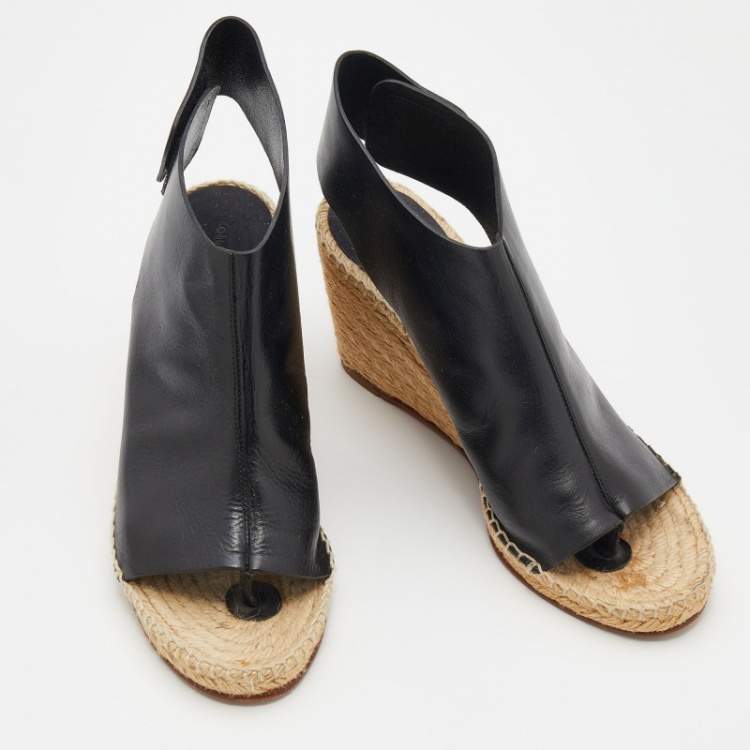 Pre Owned Celine Black Leather Open Toe Espadrilles Wedge Sandals Size 39