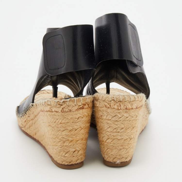Pre Owned Celine Black Leather Open Toe Espadrilles Wedge Sandals Size 39