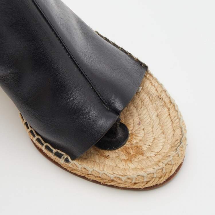 Pre Owned Celine Black Leather Open Toe Espadrilles Wedge Sandals Size 39