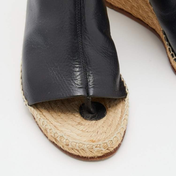 Pre Owned Celine Black Leather Open Toe Espadrilles Wedge Sandals Size 39