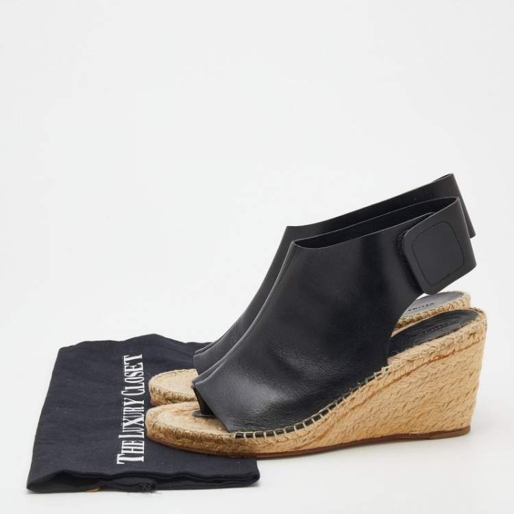 Pre Owned Celine Black Leather Open Toe Espadrilles Wedge Sandals Size 39