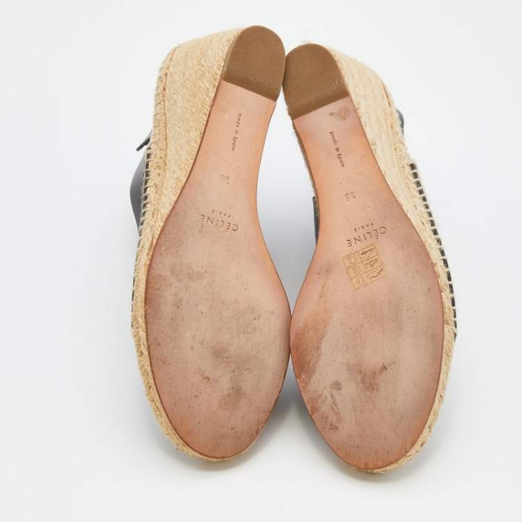 Pre Owned Celine Black Leather Open Toe Espadrilles Wedge Sandals Size 39