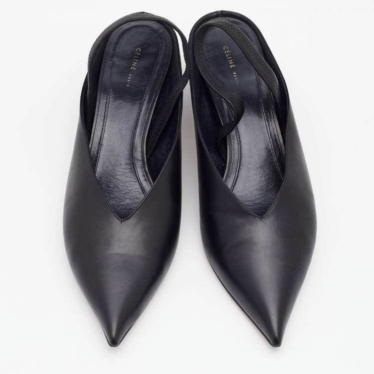 Pre Owned Celine Black Leather V Neck Slingback Sandals Size 39