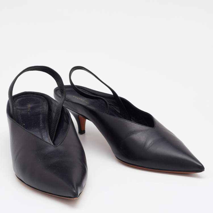 Pre Owned Celine Black Leather V Neck Slingback Sandals Size 39
