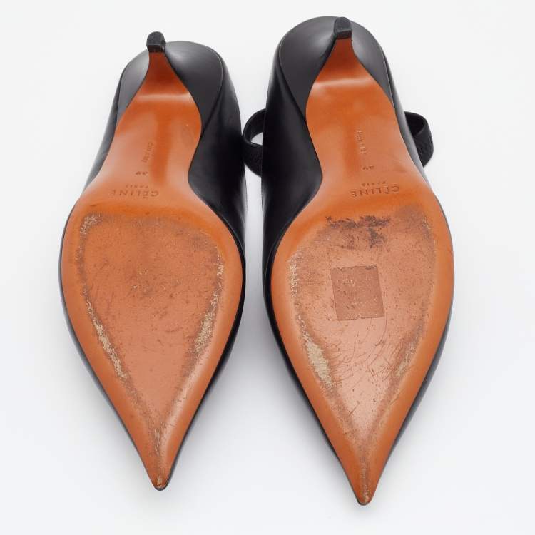 Pre Owned Celine Black Leather V Neck Slingback Sandals Size 39