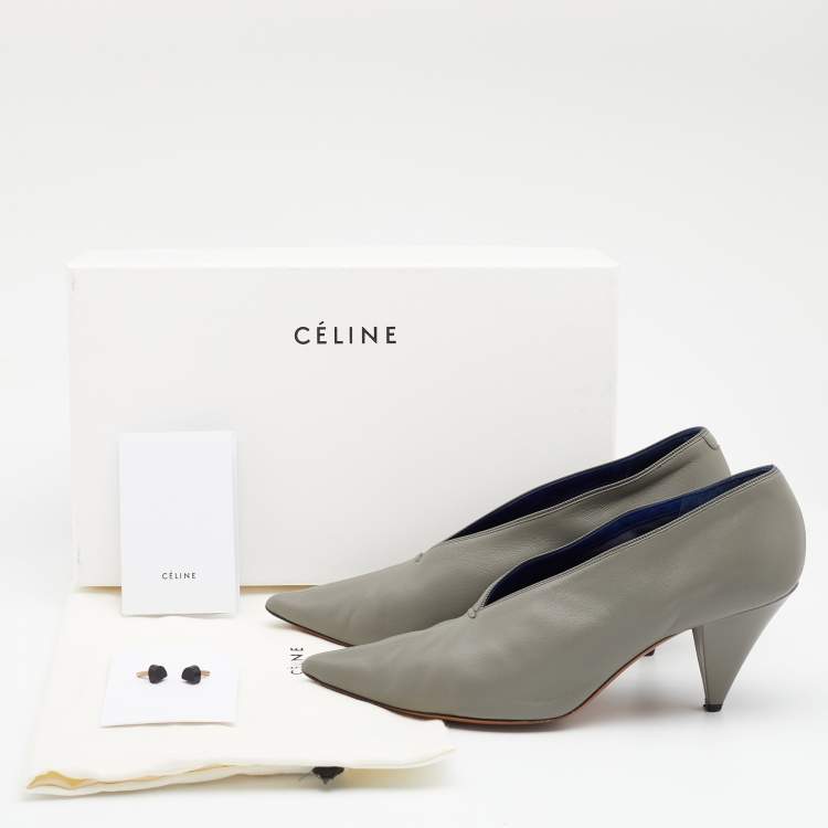 Pre Owned Celine Grey Leather V Neck Pointed Toe Pumps Size 40