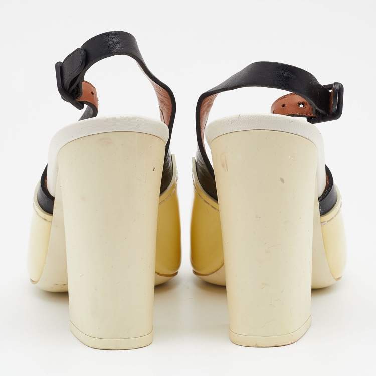 Pre Owned Celine Cream/Black Patent And Leather Slingback Sandals Size 38