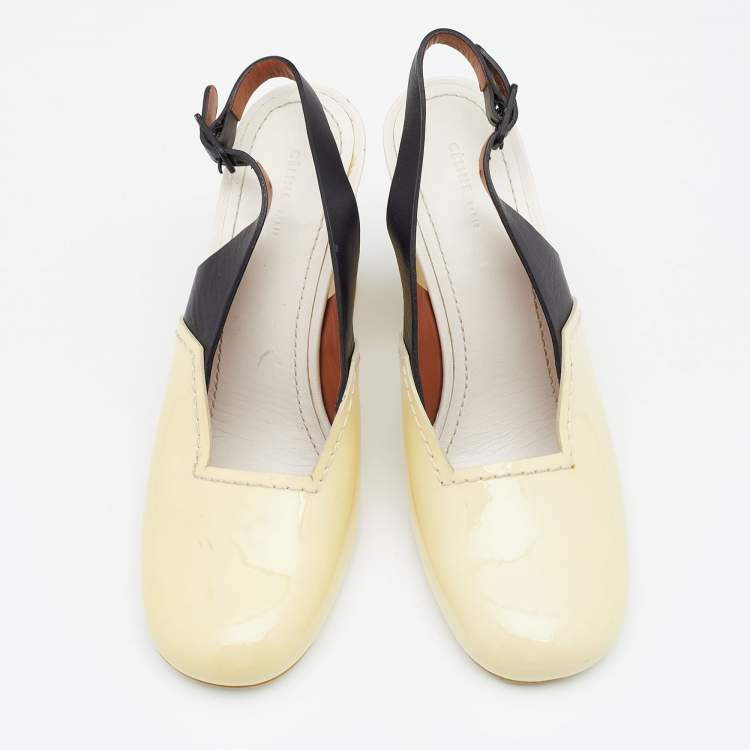 Pre Owned Celine Cream/Black Patent And Leather Slingback Sandals Size 38