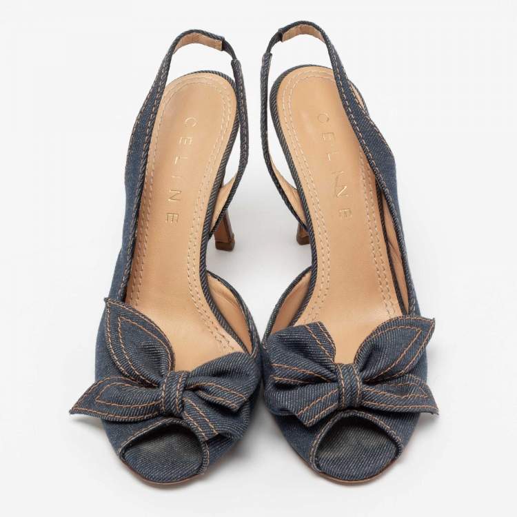 Pre Owned Celine Blue Denim Bow D'orsay Peep-Toe Slingback Sandals Size 38