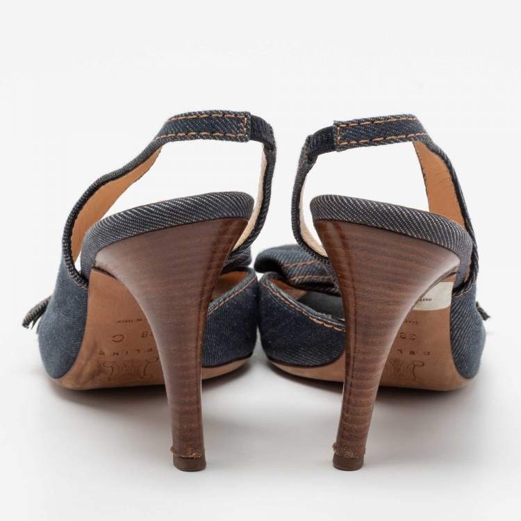 Pre Owned Celine Blue Denim Bow D'orsay Peep-Toe Slingback Sandals Size 38