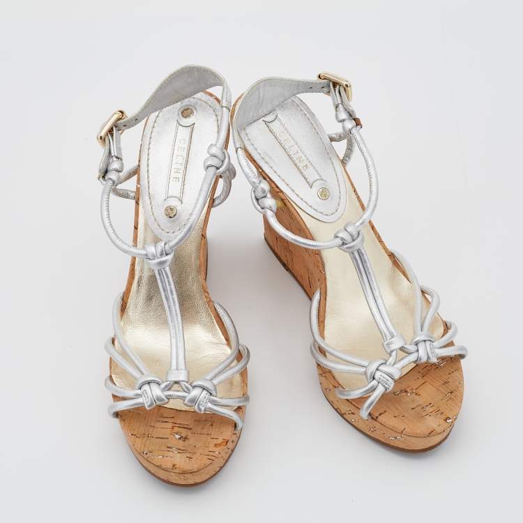 Pre Owned Céline Metallic Silver Leather Strappy Cork Wedge Platform Sandals Size 38
