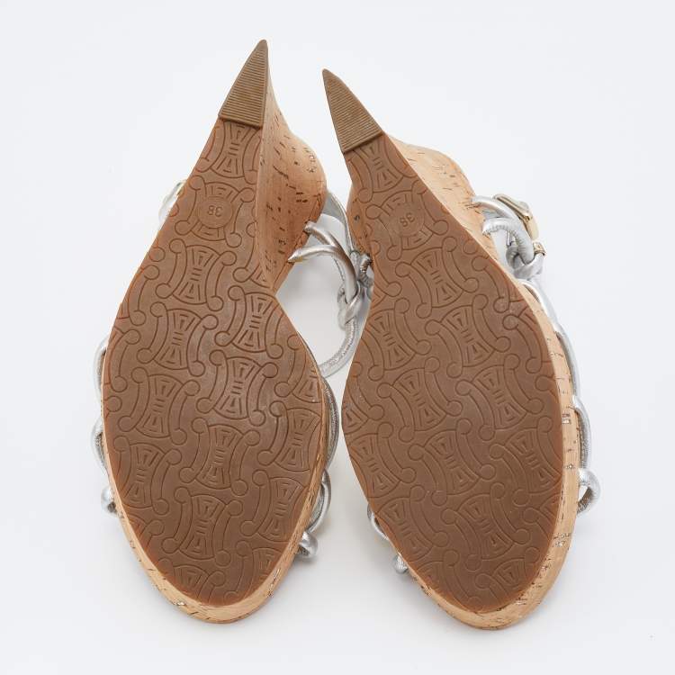 Pre Owned Céline Metallic Silver Leather Strappy Cork Wedge Platform Sandals Size 38