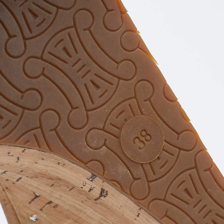 Pre Owned Céline Metallic Silver Leather Strappy Cork Wedge Platform Sandals Size 38