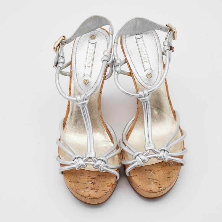 Pre Owned Céline Metallic Silver Leather Strappy Cork Wedge Platform Sandals Size 38