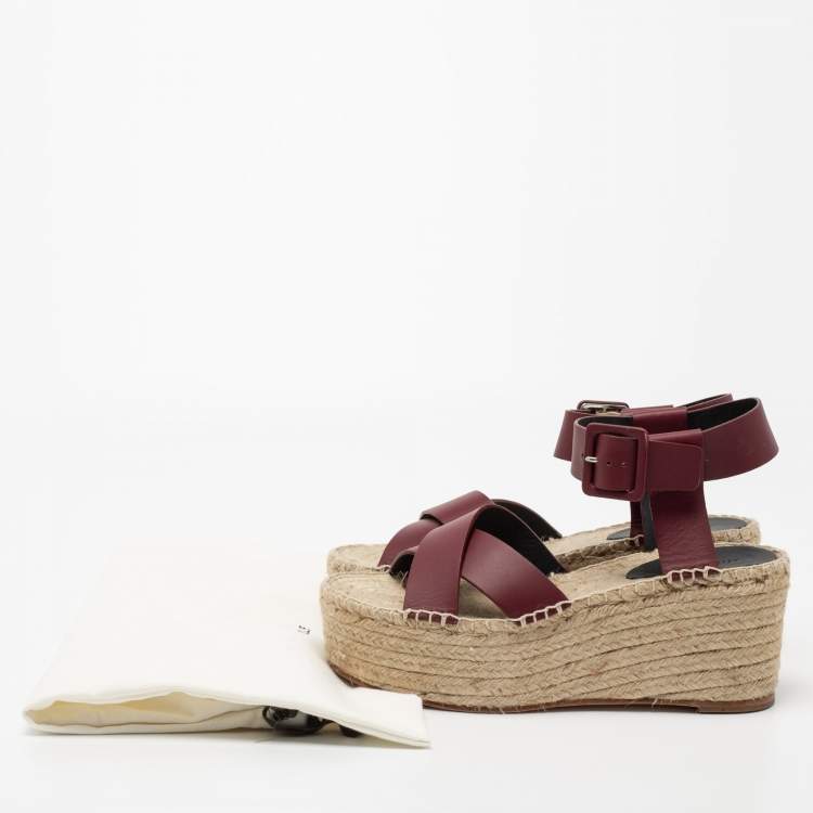 Pre Owned Celine Burgundy Leather Criss Cross Wedge Espadrille Platform Sandals Size 40