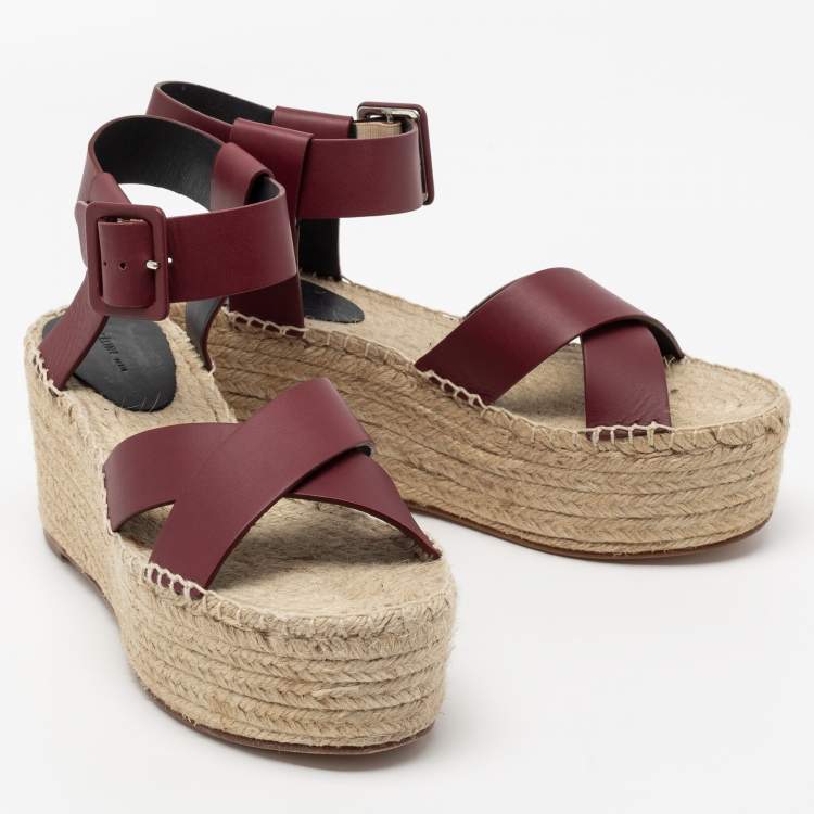 Pre Owned Celine Burgundy Leather Criss Cross Wedge Espadrille Platform Sandals Size 40