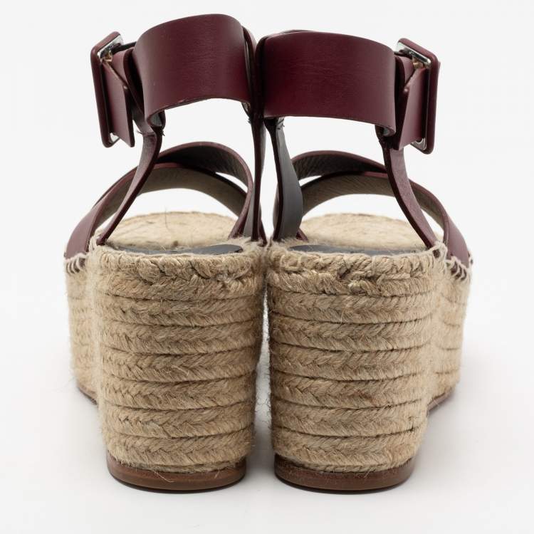 Pre Owned Celine Burgundy Leather Criss Cross Wedge Espadrille Platform Sandals Size 40