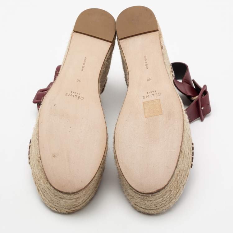 Pre Owned Celine Burgundy Leather Criss Cross Wedge Espadrille Platform Sandals Size 40