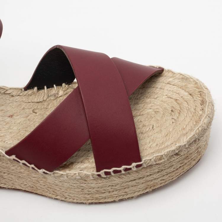 Pre Owned Celine Burgundy Leather Criss Cross Wedge Espadrille Platform Sandals Size 40