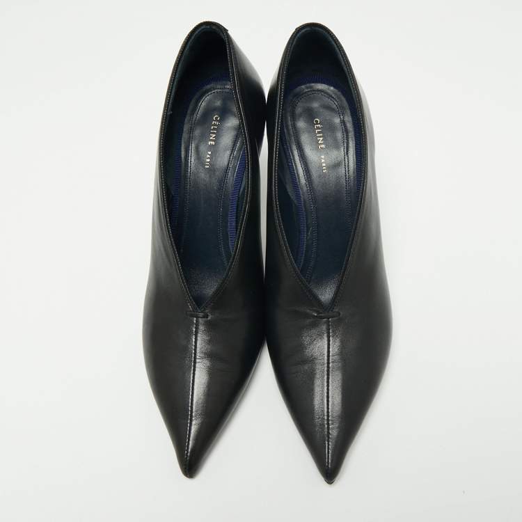 Pre Owned Celine Black Leather V Neck Pointed-Toe Pumps Size 36