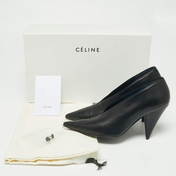 Pre Owned Celine Black Leather V Neck Pointed-Toe Pumps Size 36