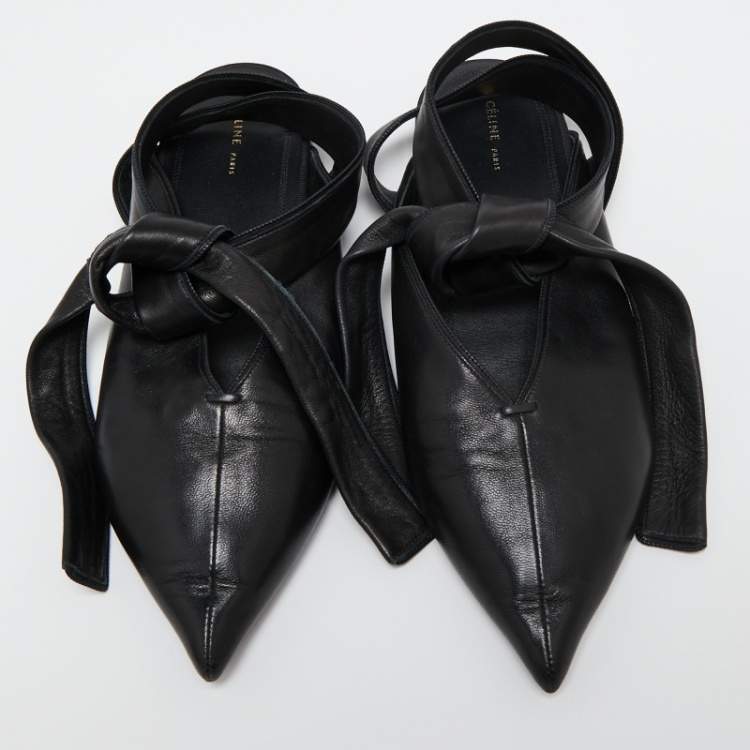 Pre Owned Celine Black Leather V Neck Ankle Tie Flat Mules Size 36