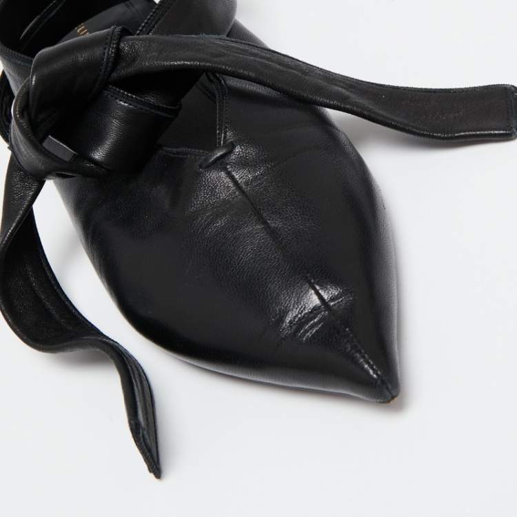 Pre Owned Celine Black Leather V Neck Ankle Tie Flat Mules Size 36