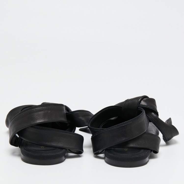 Pre Owned Celine Black Leather V Neck Ankle Tie Flat Mules Size 36