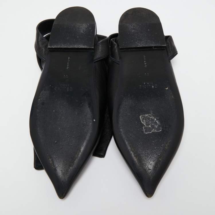 Pre Owned Celine Black Leather V Neck Ankle Tie Flat Mules Size 36