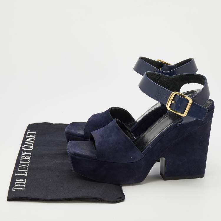Pre Owned Celine Navy Blue Suede And Leather Platform Block Heel Ankle Strap Sandals Size 38