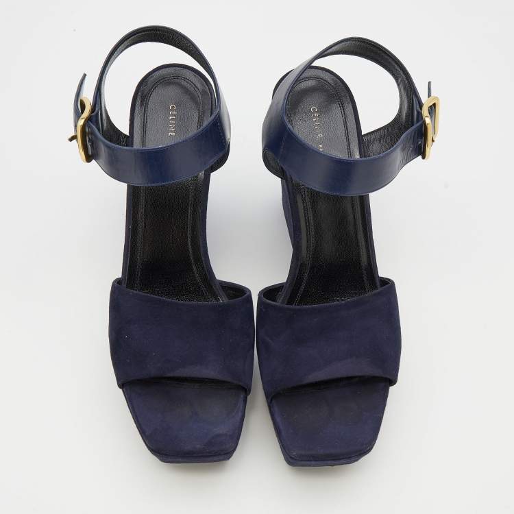Pre Owned Celine Navy Blue Suede And Leather Platform Block Heel Ankle Strap Sandals Size 38