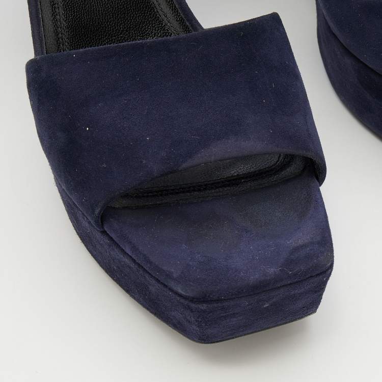 Pre Owned Celine Navy Blue Suede And Leather Platform Block Heel Ankle Strap Sandals Size 38